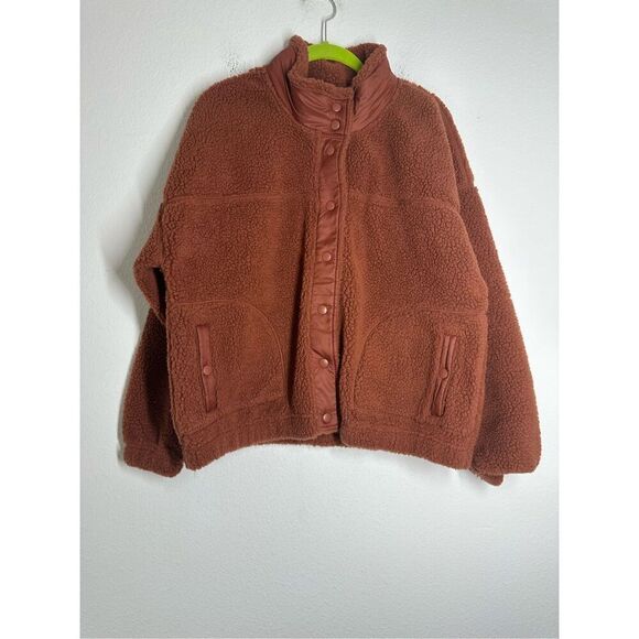 Old Navy Women Rust Fleece Sherpa Snap Button Jacket Fall Teddy Nylon Trim Sz L - Picture 1 of 9